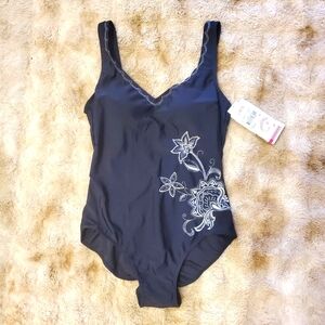 Christina Black Embroidered Bust Enhancer Swimsuit, Size 12  NWT